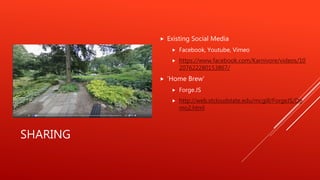 SHARING
Existing Social Media
Facebook, Youtube, Vimeo
https://www.facebook.com/Karnivore/videos/10
207622280153867/
‘Home Brew’
Forge.JS
http://web.stcloudstate.edu/mcgill/ForgeJS/De
mo2.html