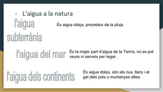 - L’aigua a la natura
És la major part d’aigua de la Terrra, no es pot
veure ni serveix per regar.
És aigua dolça, procedeix de la pluja.
És aigua dolça, són els rius, llacs i el
gel dels pols o muntanyes altes.
 