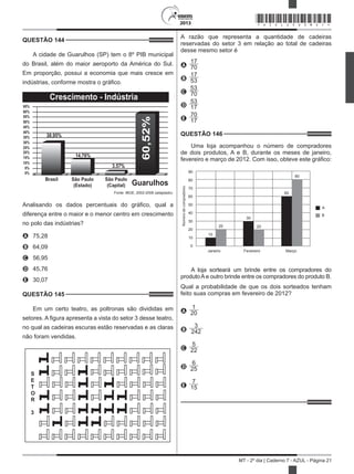 2013
MT - 2º dia | Caderno 7 - AZUL - Página 21
QUESTÃO 144	
A cidade de Guarulhos (SP) tem o 8º PIB municipal
do Brasil, além do maior aeroporto da América do Sul.
Em proporção, possui a economia que mais cresce em
indústrias, conforme mostra o gráfico.
Crescimento - Indústria
Brasil São Paulo
(Estado)
São Paulo
(Capital) Guarulhos
60%
65%
55%
50%
45%
40%
35%
30%
25%
20%
15%
30,95%
14,76%
3,57%
10%
5%
0%
60,52%
Fonte: IBGE, 2002-2008 (adaptado).
Analisando os dados percentuais do gráfico, qual a
diferença entre o maior e o menor centro em crescimento
no polo das indústrias?
A	 75,28
B	 64,09
C	 56,95
D	 45,76
E	 30,07
QUESTÃO 145	
Em um certo teatro, as poltronas são divididas em
setores. A figura apresenta a vista do setor 3 desse teatro,
no qual as cadeiras escuras estão reservadas e as claras
não foram vendidas.
S
E
T
O
R
3
A razão que representa a quantidade de cadeiras
reservadas do setor 3 em relação ao total de cadeiras
desse mesmo setor é
A
17
70
B
17
53
C
53
70
D
53
17
E
70
17
QUESTÃO 146	
Uma loja acompanhou o número de compradores
de dois produtos, A e B, durante os meses de janeiro,
fevereiro e março de 2012. Com isso, obteve este gráfico:
90
80
70
60
50
40
30
20
10
0
10
20
30
20
60
80
Janeiro Fevereiro Março
A
B
Númerodecompradores
A loja sorteará um brinde entre os compradores do
produtoAe outro brinde entre os compradores do produto B.
Qual a probabilidade de que os dois sorteados tenham
feito suas compras em fevereiro de 2012?
A
1
20
B
3
242
C
5
22
D
6
25
E
7
15
*AZUL25DOM21*
 