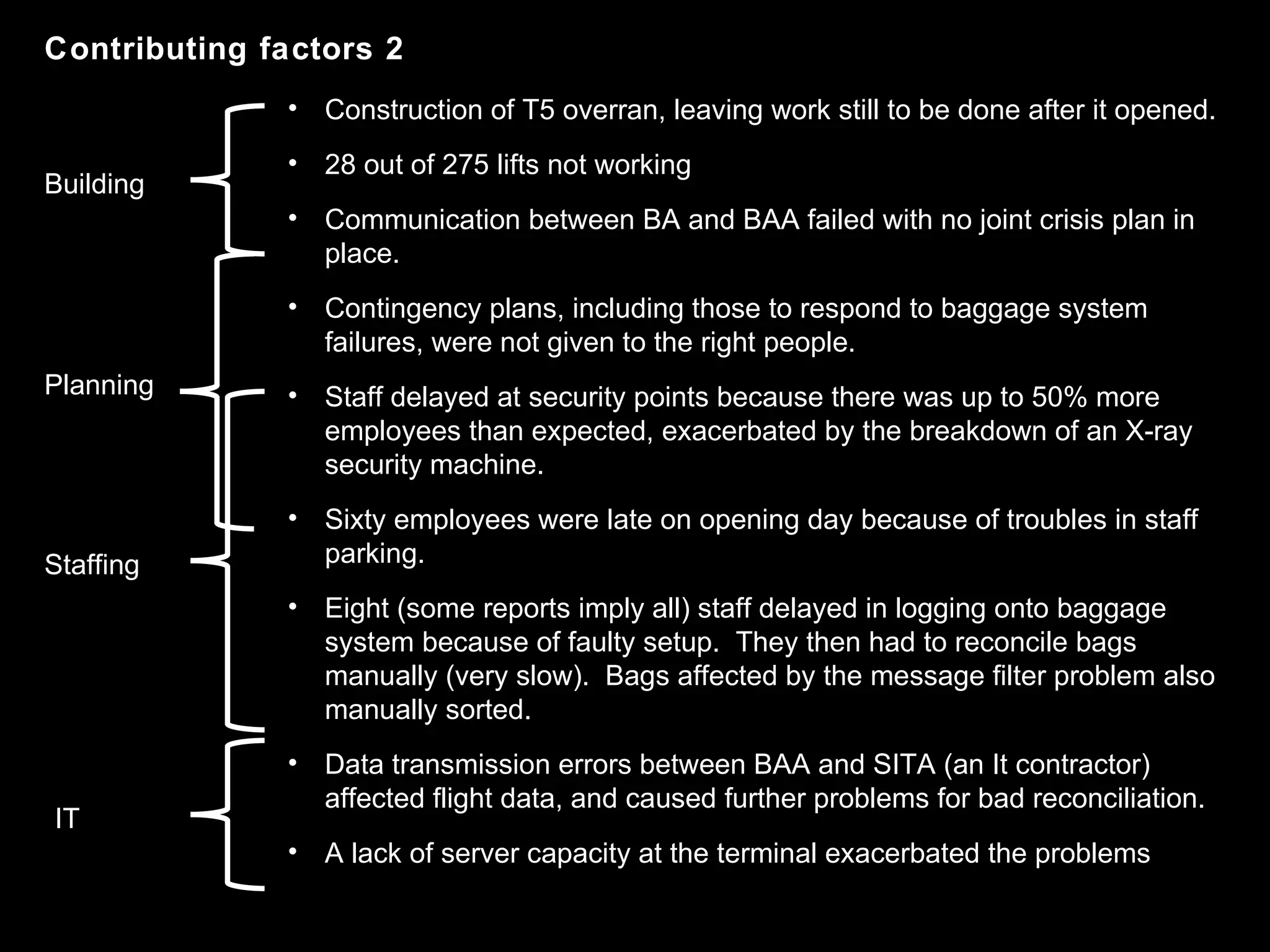 Construction of T5 overran, leaving work still to be done after it opened. 28 out of 275 lifts not working Communication between BA and BAA failed with no joint crisis plan in place. Contingency plans, including those to respond to baggage system failures, were not given to the right people. Staff delayed at security points because there was up to 50% more employees than expected, exacerbated by the breakdown of an X-ray security machine. Sixty employees were late on opening day because of troubles in staff parking. Eight (some reports imply all) staff delayed in logging onto baggage system because of faulty setup.  They then had to reconcile bags manually (very slow).  Bags affected by the message filter problem also manually sorted. Data transmission errors between BAA and SITA (an It contractor) affected flight data, and caused further problems for bad reconciliation.  A lack of server capacity at the terminal exacerbated the problems  Contributing factors 2 Staffing Planning Building IT 