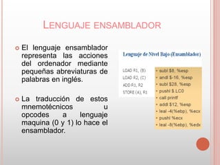 LENGUAJE ENSAMBLADOR 
 El lenguaje ensamblador 
representa las acciones 
del ordenador mediante 
pequeñas abreviaturas de 
palabras en inglés. 
 La traducción de estos 
mnemotécnicos u 
opcodes a lenguaje 
maquina (0 y 1) lo hace el 
ensamblador. 
 