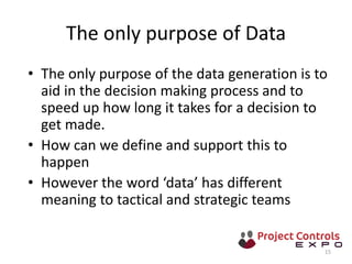 The only purpose of Data
• The only purpose of the data generation is to
aid in the decision making process and to
speed up how long it takes for a decision to
get made.
• How can we define and support this to
happen
• However the word ‘data’ has different
meaning to tactical and strategic teams
15
 
