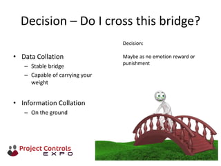 Decision – Do I cross this bridge?
• Data Collation
– Stable bridge
– Capable of carrying your
weight
• Information Collation
– On the ground
Decision:
Maybe as no emotion reward or
punishment
 