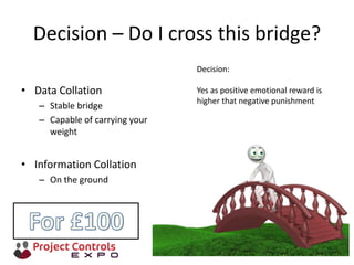 Decision – Do I cross this bridge?
• Data Collation
– Stable bridge
– Capable of carrying your
weight
• Information Collation
– On the ground
Decision:
Yes as positive emotional reward is
higher that negative punishment
 