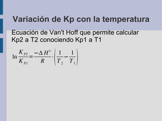 Variación de Kp con la temperatura Ecuación de Van't Hoff que permite calcular Kp2 a T2 conociendo Kp1 a T1 