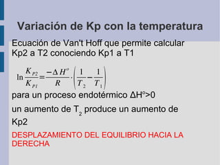 Variación de Kp con la temperatura Ecuación de Van't Hoff que permite calcular Kp2 a T2 conociendo Kp1 a T1 para un proceso endotérmico  ∆ H o >0 un aumento de T 2  produce un aumento de Kp2 DESPLAZAMIENTO DEL EQUILIBRIO HACIA LA DERECHA 