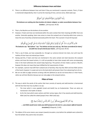 Difference between Iman and Islam
•

There is no difference between Iman and Islam if they are mentioned in separate contexts. That is, if Islam
is mentioned independently, then it carries the meaning of Iman, and vice-versa. Allah (swt) says:

ö/ä3÷ƒuθyzr& t÷t/ (#θßsÎ=ô¹r'sù ×οuθ÷zÎ) tβθãΖÏΒ÷σßϑø9$# $yϑΡÎ)
The believers are nothing else than brothers (in Islamic religion). so make reconciliation between Your
brothers ...[Al Hujuraat; 49:10]

•
•

That is, the Muslims are the brothers of one another.
However, if Islam and Iman are mentioned within the same context then their meaning will differ from one
another. Generally speaking, Islam now comes to mean the outward acts of worship while Iman comes to
mean the acts of worship contained exclusively within the heart. This is proven in Surat Al Hujuraat:

öΝä3Î/θè=è% ’Îû ß≈yϑƒM}$# È≅äzô‰tƒ $£ϑs9uρ $oΨôϑn=ó™r& (#þθä9θè% Å3≈s9uρ (#θãΖÏΒ÷σè? öΝ©9 ≅è% ( $¨ΨtΒ#u™ Ü>#{ôãF{$# ÏMs9$s%
The bedouins say: "We believe." say: "You believe not but you only say, 'We have surrendered (in Islam),'
for faith has not yet entered your hearts …[Al Hujuraat; 49:14]

•

That is, say O Arabs, we have outwardly (i.e. through our actions) entered into Islam, but until now the
realities of Iman have not entered your hearts.

•

Having said this, if Islam and Iman are mentioned in the same context and Islam becomes the outward
actions and Iman the inward actions, it is still not possible to have Islam except with some accompanying
Iman in the heart (otherwise this would imply hypocrisy). This portion of Iman makes a person a Muslim,
however this does not mean they have fulfilled the full requirements of Islam.

•

For example, a person may fulfil their outward acts of worship, they may fear Allah and love Allah (actions
of the heart), however it is weak and not to the level which will prevent them from abstaining from all sins.

•

We are not able to judge someone as being a Mu’min (believer) as we do not know what is in their hearts,
rather we call them Muslims because we can only judge on the outward actions.

Pillars of Iman
•

The way in which the words of the author that Iman consists of seventy and odd branches is harmonised
with the fact that Iman has six pillars is to say:

i.

The Iman which is ones aqeedah (creed and belief) has six fundamentals. These are what are
mentioned in the hadith of Jibreel.

ii.

As for the Iman which covers actions and their various types, then it has seventy and odd branches.
Allah (swt) has called the salaat (prayer) Iman. Allah (swt) says:

∩⊇⊆⊂∪ ÒΟŠÏm§‘ Ô∃ρâ™ts9 Ä¨$¨Ψ9$$Î/ ©!$# žχÎ) 4 öΝä3oΨ≈yϑƒÎ) yì‹ÅÒã‹Ï9 ª!$# tβ%x. $tΒuρ
... and Allah would never make your faith (prayers) to be lost (i.e. your prayers offered towards
Jerusalem) [Al Baqarah; 2:143].

•

The tafseer of this verse means; your prayers towards Jerusalem, since before the sahabah were ordered to
face the ka’bah, they used to face Jerusalem.

 