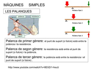 MÀQUINES SIMPLES
LES PALANQUES
Palanca de primer gènere: el punt de suport (o fulcre) està entre la
potència i la resistència.
Palanca de segon gènere: la resistència està entre el punt de
suport (o fulcre) i la potència.
Palanca de tercer gènere: la potència està entre la resistència i el
punt de suport (o fulcre) .
http://www.youtube.com/watch?v=8EXZr1-hsuU
 
