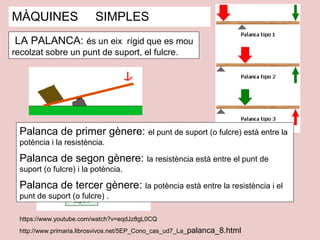 MÀQUINES SIMPLES
LA PALANCA: és un eix rígid que es mou
recolzat sobre un punt de suport, el fulcre.
Palanca de primer gènere: el punt de suport (o fulcre) està entre la
potència i la resistència.
Palanca de segon gènere: la resistència està entre el punt de
suport (o fulcre) i la potència.
Palanca de tercer gènere: la potència està entre la resistència i el
punt de suport (o fulcre) .
https://www.youtube.com/watch?v=eqdJz8gL0CQ
http://www.primaria.librosvivos.net/5EP_Cono_cas_ud7_La_palanca_8.html
 