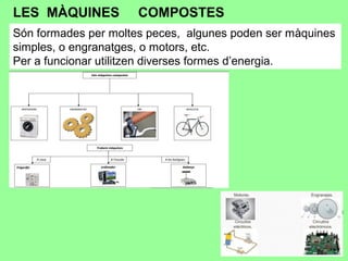 LES MÀQUINES COMPOSTES
Són formades per moltes peces, algunes poden ser màquines
simples, o engranatges, o motors, etc.
Per a funcionar utilitzen diverses formes d’energia.
 