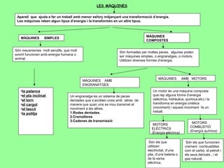 Aparell que ajuda a fer un treball amb menor esforç mitjançant una transformació d’energia.
Les màquines reben algun tipus d’energia i la transformen en un altre tipus.
MÀQUINES SIMPLES
MÀQUINES
COMPOSTES
MÀQUINES AMB
ENGRANATGES
MÀQUINES AMB MOTORS
Són mecanismes molt senzills, que molt
sovint funcionen amb energia humana o
animal.
Són formades per moltes peces, algunes poden
ser màquines simples, o engranatges, o motors.
Utilitzen diverses formes d’energia.
Un motor és una màquina composta
que rep alguna forma d’energia
(eléctrica, hidráulica, química,etc) i la
transforma en energia cinètica
(moviment) i aquest moviment fa un
treball.
•la palanca
•el pla inclinat
•el torn
•el cargol
•el tascó
•la politja
Un engranatge és un sistema de peces
dentades que s’acoblen unes amb altres de
manera que quan una es mou transmet el
moviment a les altres.
1.Rodes dentades.
2.Cremalleres
3.Cadenes de transmissió
MOTORS
COMBUSTIÓ
(Energía química)
MOTORS
ELÈCTRICS
(Energía eléctrica)
Són els que
utilitzen
electricitat, d’una
pila, d’una bateria o
de la xarxa
elèctrica.
Són els que funcionen
cremant combustibles
com el carbó, el petroli i
els seus derivats , i el
gas natural.
LES MÀQUINES
 