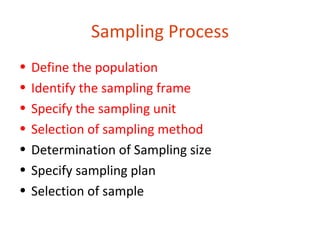 Sampling Process
•   Define the population
•   Identify the sampling frame
•   Specify the sampling unit
•   Selection of sampling method
•   Determination of Sampling size
•   Specify sampling plan
•   Selection of sample
 