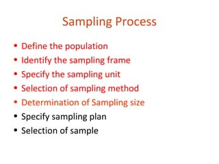 Sampling Process
•   Define the population
•   Identify the sampling frame
•   Specify the sampling unit
•   Selection of sampling method
•   Determination of Sampling size
•   Specify sampling plan
•   Selection of sample
 