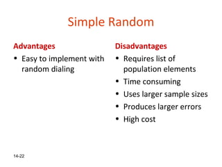 Simple Random
Advantages                 Disadvantages
• Easy to implement with   • Requires list of
  random dialing             population elements
                           • Time consuming
                           • Uses larger sample sizes
                           • Produces larger errors
                           • High cost



14-22
 