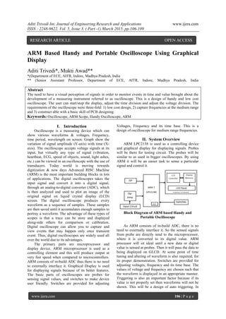 Aditi Trivedi Int. Journal of Engineering Research and Applications www.ijera.com
ISSN : 2248-9622, Vol. 5, Issue 3, ( Part -1) March 2015, pp.106-109
www.ijera.com 106 | P a g e
ARM Based Handy and Portable Oscilloscope Using Graphical
Display
Aditi Trivedi*, Mukti Awad**
*(Department of ECE, AITR, Indore, Madhya Pradesh, India
** (Senior Assistant Professor, Department of ECE, AITR, Indore, Madhya Pradesh, India
Abstract
The need to have a visual perception of signals in order to monitor events in time and value brought about the
development of a measuring instrument referred to as oscilloscope. This is a design of handy and low cost
oscilloscope. The user can start/stop the display, adjust the time division and adjust the voltage division. The
requirements of the oscilloscope were three-fold: 1) low cost design, 2) capture frequencies at the medium range
and 3) construct able with a basic skill of PCB designing.
Keywords: Oscilloscope, ARM Scope, Handy Oscilloscope, ARM
I. Introduction
Oscilloscope is a measuring device which can
show various waveforms & voltages, Frequency,
time period, wavelength on screen. Graph show the
variation of signal amplitude (Y-axis) with time (X-
axis). The oscilloscope accepts voltage signals at its
input, but virtually any type of signal (vibration,
heartbeat, ECG, speed of objects, sound, light ashes,
etc.) can be viewed in an oscilloscope with the use of
transducers. Today world is moving towards
digitization & now days Advanced RISC Machine
(ARM) is the most important building blocks in lots
of applications. The digital oscilloscopes takes the
input signal and convert it into a digital signal,
through an analog-to-digital converter (ADC), which
is then analyzed and used to plot an image of the
original signal on liquid crystal display (LCD)
screen. The digital oscilloscope produces every
waveform as a sequence of samples. These samples
are then saved until it accumulates enough samples to
portray a waveform. The advantage of these types of
scopes is that a trace can be store and displayed
along-side others for comparison or calibration.
Digital oscilloscope can allow you to capture and
view events that may happen only once transient
event. Thus, digital oscilloscopes are widely used all
over the world due to its advantages.
The primary parts are microprocessor and
display device. ARM microprocessor is used as a
controlling element and this will produce output at
very fast speed when compared to microcontrollers.
ARM consists of in-build ADC thus there is no need
to externally interface it. Graphical Display is used
for displaying signals because of its better features.
The basic parts of oscilloscopes are probes for
sensing signal values, and switches to make device
user friendly. Switches are provided for adjusting
Voltages, Frequency and its time base. This is a
design of oscilloscope for medium range frequencies.
II. System Overview
ARM LPC2138 is used as a controlling device
and graphical display for displaying signals. Probes
will be there for testing circuit. The probes will be
similar to as used in bigger oscilloscopes. By using
ARM it will be an easier task to sense a particular
signal and control it.
Block Diagram of ARM based Handy and
Portable Oscilloscope
As ARM consists of in-build ADC, there is no
need to externally interface it. So the sensed signals
from probe are directly send to the microprocessor,
where it is converted to its digital value. ARM
processor will sit ideal until a new data or digital
value is sensed at probes. Then it will pass the data to
being displayed on GLCD. At some point of time
tuning and altering of waveform is also required, for
its proper demonstration. Switches are provided for
adjusting voltages, frequency and its time base. The
values of voltage and frequency are chosen such that
the waveform is displayed in an appropriate manner.
Triggering is also an important factor because if its
value is not properly set then waveforms will not be
shown. This will be a design of auto triggering. In
RESEARCH ARTICLE OPEN ACCESS
 