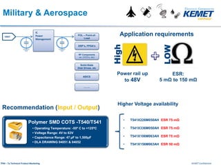 KEMET ConfidentialTPM – Ta Technical Product Marketing
Military & Aerospace
VBAT
IC
Power
Management
POL – Point-of-
Load
DSP’s, FPGA’s
RF Components
ex: (VCO’s, etc)
Solid-State
Disk Drives, etc
ASICS
……..
Application requirements
Power rail up
to 48V
Polymer SMD COTS -T540/T541
• Operating Temperature: -55º C to +125ºC
• Voltage Range: 4V to 63V
• Capacitance Range: 47 µF to 1,500µF
• DLA DRAWING 04051 & 04052
Recommendation (Input / Output)
ESR:
5 mΩ to 150 mΩ
• T541X226M050AH ESR 75 mΩ
• T541X336M050AH ESR 75 mΩ
• T541X106M063AH ESR 75 mΩ
• T541X156M063AH ESR 50 mΩ
Higher Voltage availability
 