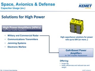 KEMET ConfidentialTPM – Ta Technical Product Marketing
Space, Avionics & Defense
Capacitor Usage (ex.)
Solutions for High Power
High Power Amplifiers (HPA’s)
GaN Power Amplifier Applications
• Military and Commercial Radar
• Communications Transmitters
• Jamming Systems
• Electronic Warfare
High capacitance solutions for power
rails up to 50V (or more..)
GaN-Based Power
Amplifiers
for TWT Amplifier Replacement
Offering:
• longer life,
• better efficiencies and reduced size and
weight
 