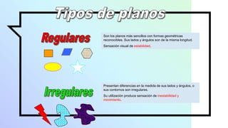 Son los planos más sencillos con formas geométricas
reconocibles. Sus lados y ángulos son de la misma longitud.
Sensación visual de estabilidad.
Presentan diferencias en la medida de sus lados y ángulos, o
sus contornos son irregulares.
Su utilización produce sensación de inestabilidad y
movimiento.
 