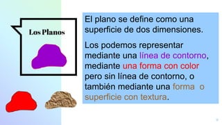 Los Planos
9
El plano se define como una
superficie de dos dimensiones.
Los podemos representar
mediante una línea de contorno,
mediante una forma con color
pero sin línea de contorno, o
también mediante una forma o
superficie con textura.
 