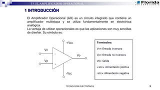3TECNOLOGÍA ELECTRÓNICA
T5. EL AMPLIFICADOR OPERACIONAL
1 INTRODUCCIÓN
El Amplificador Operacional (AO) es un circuito integrado que contiene un
amplificador multietapa y se utiliza fundamentalmente en electrónica
analógica.
La ventaja de utilizar operacionales es que las aplicaciones son muy sencillas
de diseñar. Su símbolo es:
 