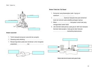 Sistem – Tingkatan Lima


                                                               Sistem Takal dan Tali Sawat

                                                                  1. Komponen yang dipasangkan pada hujung aci
                                                                      sesebuah ..........................................
                                                                  2. ............................. diperbuat daripada besi padu berbentuk
                                                                      bulat dan berlurah pada sekeliling bahagian tepinya.
                                                                  3. Mesin .................................... merupakan contoh alat yang
                                                                      menggunakan sistem takal.
                                                                  4. Jika diameter takal pemacu pada gerudi lebih kecil daripada
                                                                      diameter takal pengikut, maka gerudi akan berputar
                                                                      ……………………………berbanding takal pemacu.
Sistem sesondol


     1. Terdiri daripada komponen sesondol dan pengikut.
     2. Dipasang pada sebatang ………………………………….
     3. Banyak digunakan pada enjin kenderaan untuk mengawal
           pergerakan ………………….. dan ……………………………




                                                                                Sistem takal dan tali sawat mesin gerudi meja




                                                                                                                                             10
 