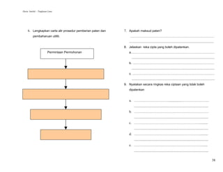 Harta Intelek – Tingkatan Lima




     6. Lengkapkan carta alir prosedur pemberian paten dan   7. Apakah maksud paten?
          pembaharuan utiliti.                                   ………………………………………………………………………
                                                                ..................................................................................................
                                                             8. Jelaskan reka cipta yang boleh dipatenkan.
                         Permintaan Permohonan                  a………………………………………………………………………
                                                                   ................................................................................................
                                                                b. …………………………………………………………………….
                                                                   ................................................................................................
                                                                c. …………………………………………………………………..…
                                                                   ................................................................................................
                                                             9. Nyatakan secara ringkas reka ciptaan yang tidak boleh
                                                                dipatenkan


                                                                a. ……………………………...............………………………
                                                                     ......................................................................................
                                                                b. ………………………………………………………………
                                                                     ......................................................................................
                                                                c. ………………………………………………………..........
                                                                     ......................................................................................
                                                                d. ………………………………………………………..........
                                                                     ......................................................................................
                                                                e. …………………………………………………………......
                                                                     ......................................................................................


                                                                                                                                                                38
 