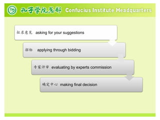 征求意见 asking for your suggestions



    招标    applying through bidding



         专家评审 evaluating by experts commission



             确定中心 making final decision
 