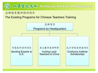 总部现有教师培训项目
The Existing Programs for Chinese Teachers Training

                                 总部项目
                         Programs by Headquarters




    专家赴外培训项目                 本土教师来华研修               孔子学院奖学金项目
    Sending Experts to         Inviting Local       Confucius Institute
          U.S.               Teachers to China        Scholarships
 
