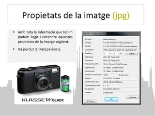 Propietats de la imatge (jpg)
Amb tota la informació que tenim
podem llegir i entendre aquestes
propietats de la imatge següent:
Ha perdut la transparència.
 