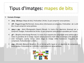 Tipus d'Imatges: mapes de bits
Formats d'imatge:
.bmp - (Bitmap o Mapa de bits). Profunditat: 24 bits. Es pot comprimir sense pèrdues.
.tiff - (Tagged Image File Format). Arxiva altres informacions en etiquetes. Profunditat: de 1 a 64
bits. Es pot comprimir sense pèrdues.
.jpeg o .jpg - (Joint Photographic Experts Group). Es tracta d'un algorisme dissenyat per a
comprimir imatges. Profunditat de 24 bits. Es pot comprimir amb pèrdues ajustables per l'usuari.
.gif - ( Graphics Interchange Format). Es tracta d'un esquema de compressió sense pèrdua per a
reduir la grandària de la imatge. Aquest sistema funciona molt millor en imatges amb zones de
color homogeni, quants menys colors tingui la imatge millor funcionarà l'esquema de
compressió. Profunditat de 1 a 8 bits.
.png - (Portable Network Graphics). És un format gràfic basat en un algoritme de compressió
sense pèrdua. Profunditat de 1 a 48 bits. Es pot comprimir sense pèrdues.
 