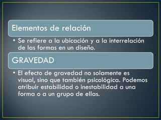 Elementos de relación
• Se refiere a la ubicación y a la interrelación
de las formas en un diseño.
GRAVEDAD
• El efecto de gravedad no solamente es
visual, sino que también psicológica. Podemos
atribuir estabilidad o inestabilidad a una
forma o a un grupo de ellas.
 