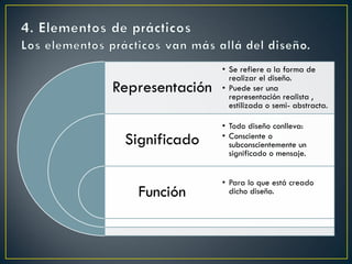 Representación
Significado
Función
• Se refiere a la forma de
realizar el diseño.
• Puede ser una
representación realista ,
estilizada o semi- abstracta.
• Todo diseño conlleva:
• Consciente o
subconscientemente un
significado o mensaje.
• Para lo que está creado
dicho diseño.
 