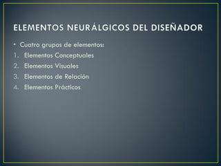 • Cuatro grupos de elementos:
1. Elementos Conceptuales
2. Elementos Visuales
3. Elementos de Relación
4. Elementos Prácticos
 