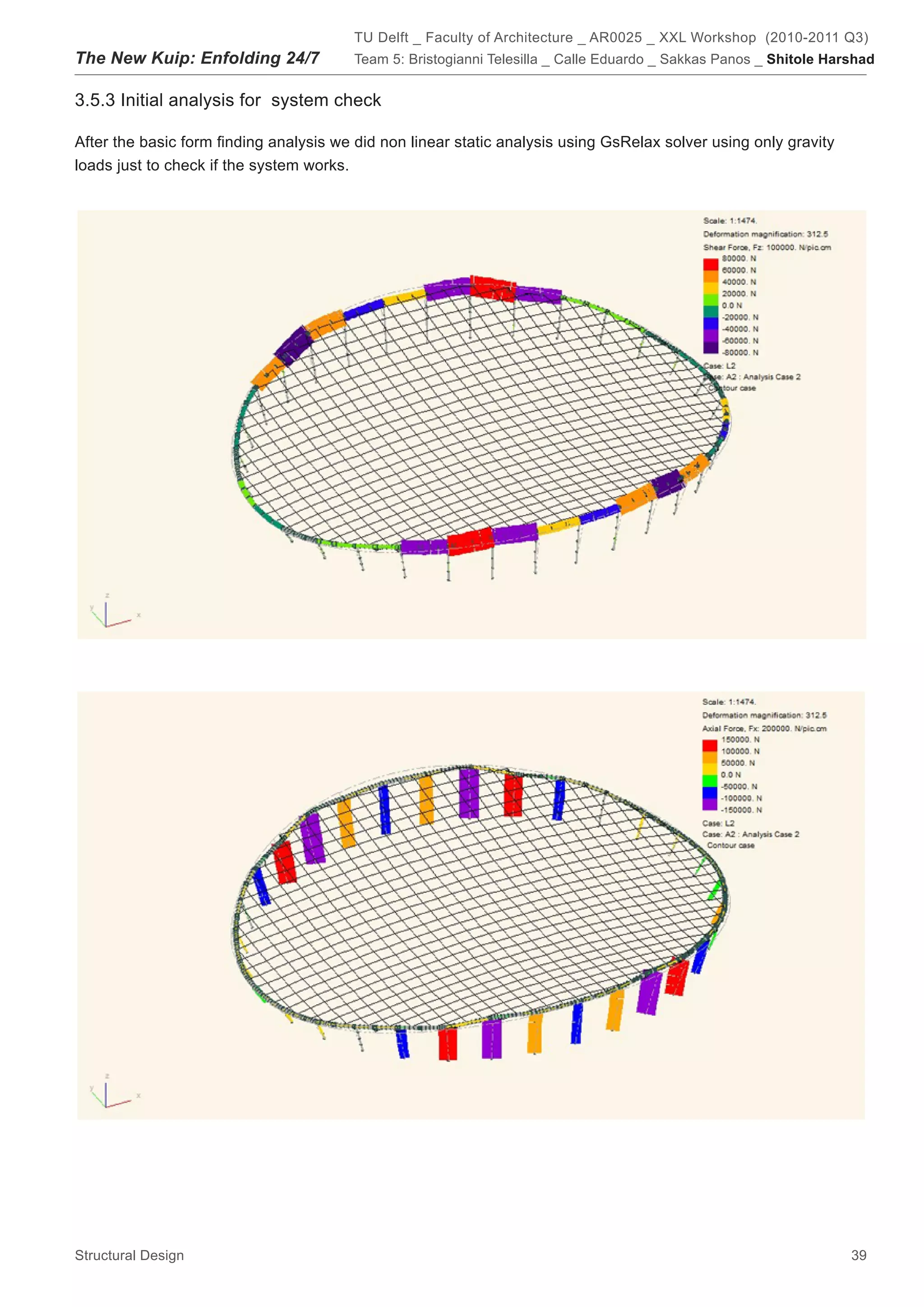TU Delft _ Faculty of Architecture _ AR0025 _ XXL Workshop (2010-2011 Q3)
The New Kuip: Enfolding 24/7            Team 5: Bristogianni Telesilla _ Calle Eduardo _ Sakkas Panos _ Shitole Harshad


3.5.3 Initial analysis for system check

After the basic form finding analysis we did non linear static analysis using GsRelax solver using only gravity
loads just to check if the system works.




Structural Design                                                                                                  39
 
