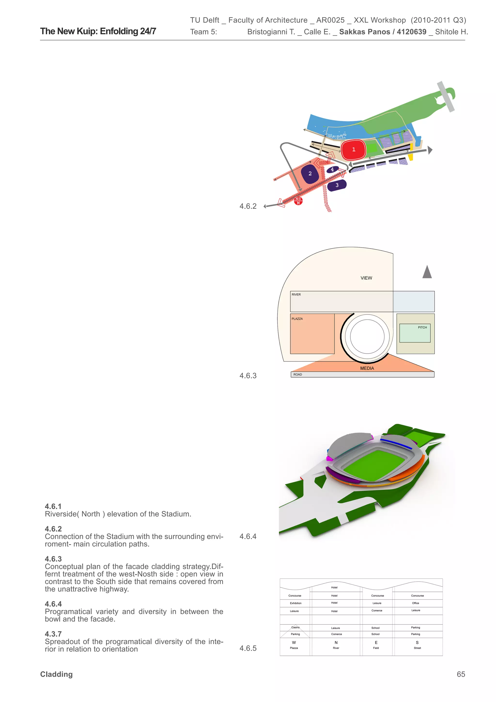 TU Delft _ Faculty of Architecture _ AR0025 _ XXL Workshop (2010-2011 Q3)
The New Kuip: Enfolding 24/7                Team 5:        Bristogianni T. _ Calle E. _ Sakkas Panos / 4120639 _ Shitole H.




                                                         4.6.2




                                                         4.6.3




 4.6.1
 Riverside( North ) elevation of the Stadium.

 4.6.2
 Connection of the Stadium with the surrounding envi-    4.6.4
 roment- main circulation paths.

 4.6.3
 Conceptual plan of the facade cladding strategy.Dif-
 fernt treatment of the west-Nosth side : open view in
 contrast to the South side that remains covered from
 the unattractive highway.

 4.6.4
 Programatical variety and diversity in between the
 bowl and the facade.

 4.3.7
 Spreadout of the programatical diversity of the inte-
 rior in relation to orientation                         4.6.5


Cladding                                                                                                               65
 