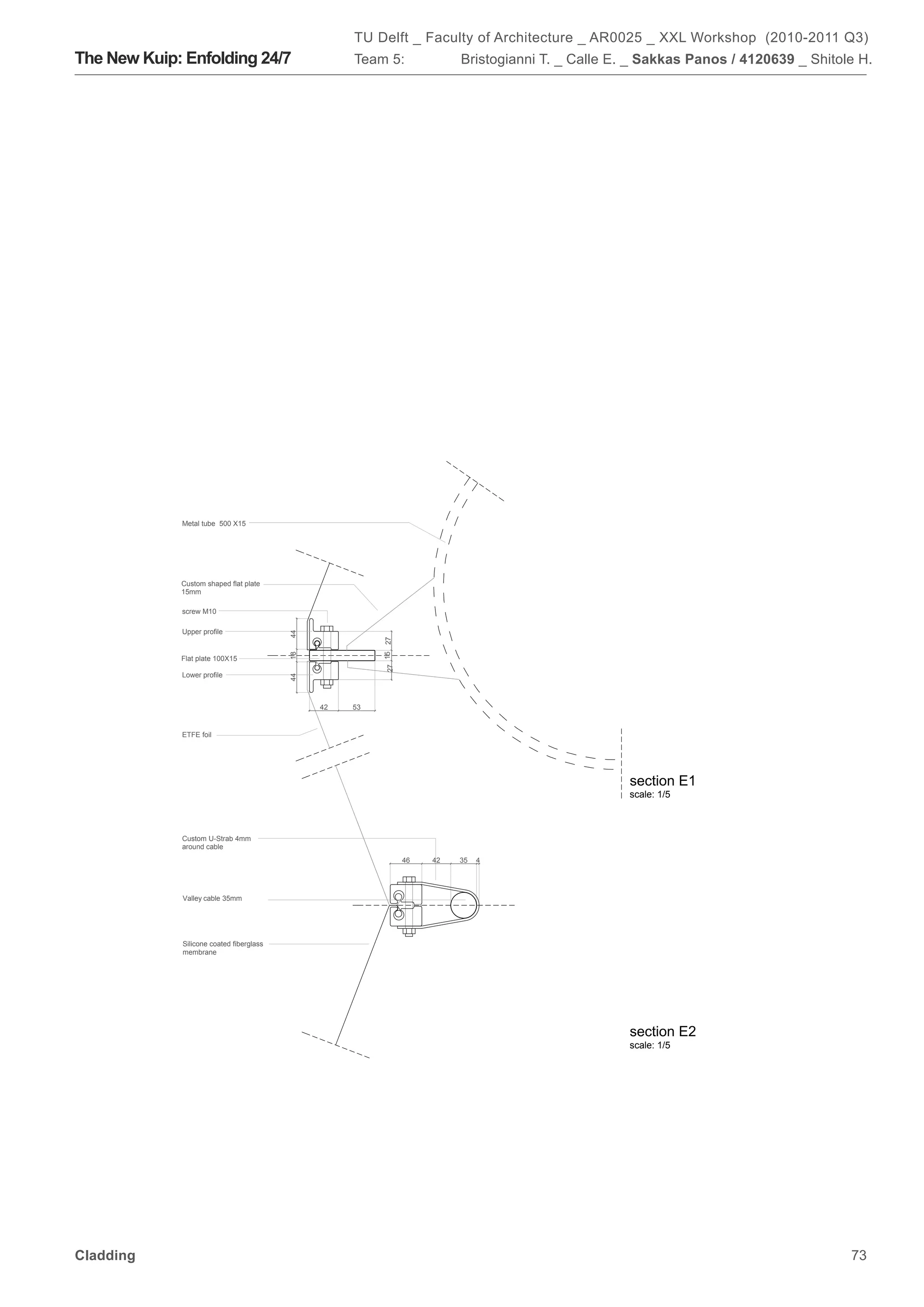 TU Delft _ Faculty of Architecture _ AR0025 _ XXL Workshop (2010-2011 Q3)
The New Kuip: Enfolding 24/7                        Team 5:                   Bristogianni T. _ Calle E. _ Sakkas Panos / 4120639 _ Shitole H.




             Metal tube 500 X15




             Custom shaped flat plate
             15mm

             screw M10

             Upper profile
                                          44




                                                         27 15 27
                                          18




             Flat plate 100X15

             Lower profile
                                          44




                                               42   53


             ETFE foil




                                                                                                        section E1
                                                                                                        scale: 1/5



             Custom U-Strab 4mm
             around cable
                                                                    46   42   35   4




             Valley cable 35mm




             Silicone coated fiberglass
             membrane




                                                                                                        section E2
                                                                                                        scale: 1/5




Cladding                                                                                                                                  73
 