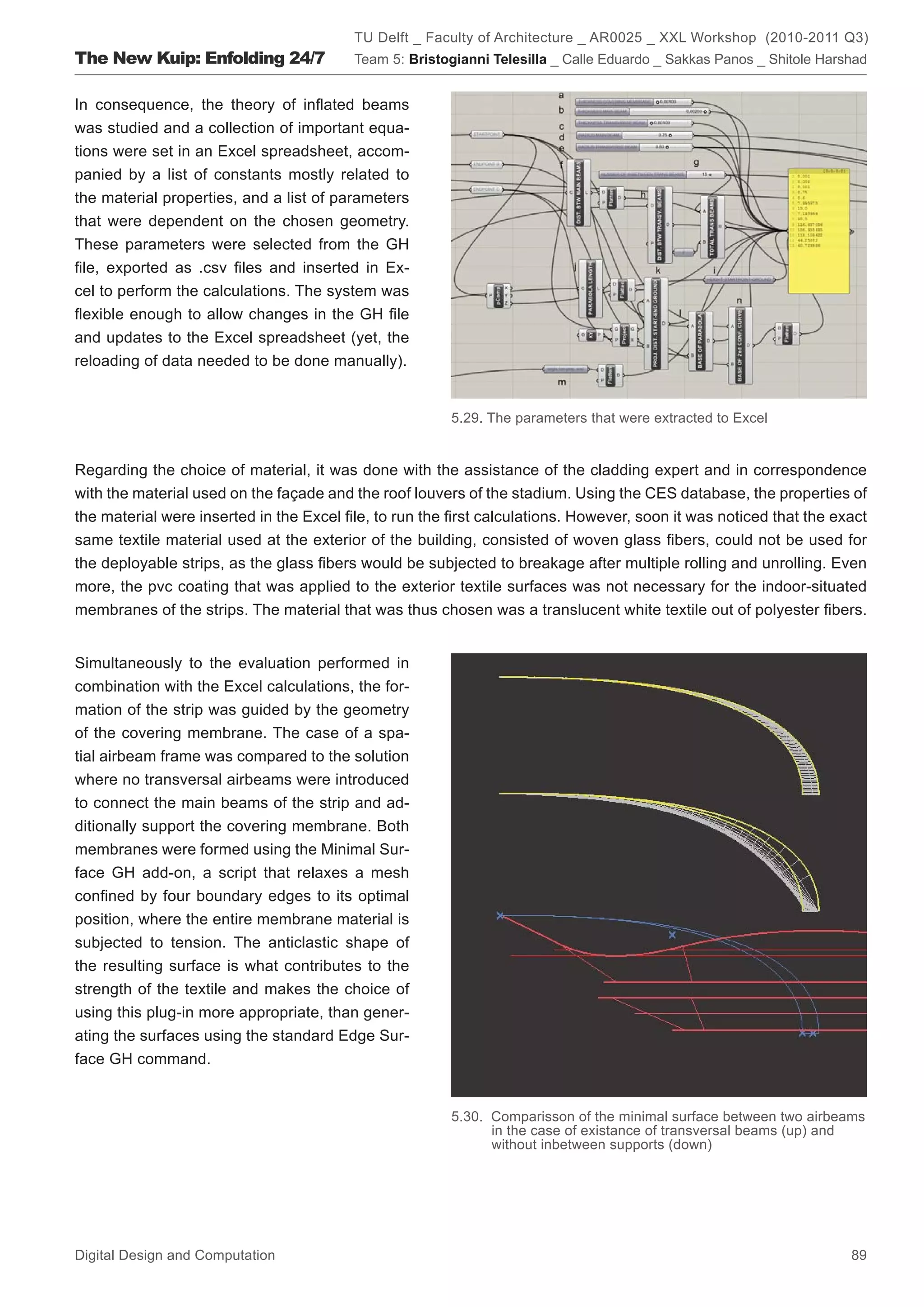 TU Delft _ Faculty of Architecture _ AR0025 _ XXL Workshop (2010-2011 Q3)
The New Kuip: Enfolding 24/7             Team 5: Bristogianni Telesilla _ Calle Eduardo _ Sakkas Panos _ Shitole Harshad


In consequence, the theory of inﬂated beams
was studied and a collection of important equa-
tions were set in an Excel spreadsheet, accom-
panied by a list of constants mostly related to
the material properties, and a list of parameters
that were dependent on the chosen geometry.
These parameters were selected from the GH
ﬁle, exported as .csv ﬁles and inserted in Ex-
cel to perform the calculations. The system was
ﬂexible enough to allow changes in the GH ﬁle
and updates to the Excel spreadsheet (yet, the
reloading of data needed to be done manually).


                                                        5.29. The parameters that were extracted to Excel


Regarding the choice of material, it was done with the assistance of the cladding expert and in correspondence
with the material used on the façade and the roof louvers of the stadium. Using the CES database, the properties of
the material were inserted in the Excel ﬁle, to run the ﬁrst calculations. However, soon it was noticed that the exact
same textile material used at the exterior of the building, consisted of woven glass ﬁbers, could not be used for
the deployable strips, as the glass ﬁbers would be subjected to breakage after multiple rolling and unrolling. Even
more, the pvc coating that was applied to the exterior textile surfaces was not necessary for the indoor-situated
membranes of the strips. The material that was thus chosen was a translucent white textile out of polyester ﬁbers.


Simultaneously to the evaluation performed in
combination with the Excel calculations, the for-
mation of the strip was guided by the geometry
of the covering membrane. The case of a spa-
tial airbeam frame was compared to the solution
where no transversal airbeams were introduced
to connect the main beams of the strip and ad-
ditionally support the covering membrane. Both
membranes were formed using the Minimal Sur-
face GH add-on, a script that relaxes a mesh
conﬁned by four boundary edges to its optimal
position, where the entire membrane material is
subjected to tension. The anticlastic shape of
the resulting surface is what contributes to the
strength of the textile and makes the choice of
using this plug-in more appropriate, than gener-
ating the surfaces using the standard Edge Sur-
face GH command.


                                                        5.30. Comparisson of the minimal surface between two airbeams
                                                              in the case of existance of transversal beams (up) and
                                                              without inbetween supports (down)




Digital Design and Computation                                                                                       89
 