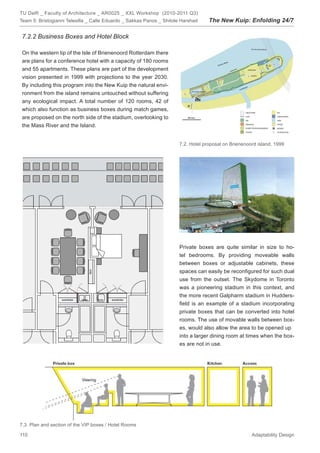 TU Delft _ Faculty of Architecture _ AR0025 _ XXL Workshop (2010-2011 Q3)
Team 5: Bristogianni Telesilla _ Calle Eduardo _ Sakkas Panos _ Shitole Harshad    The New Kuip: Enfolding 24/7

7.2.2 Business Boxes and Hotel Block

On the western tip of the Isle of Brienenoord Rotterdam there
are plans for a conference hotel with a capacity of 180 rooms
and 55 apartments. These plans are part of the development
vision presented in 1999 with projections to the year 2030.
By including this program into the New Kuip the natural envi-
ronment from the island remains untouched without suffering
any ecological impact. A total number of 120 rooms, 42 of
which also function as business boxes during match games,
are proposed on the north side of the stadium, overlooking to
the Mass River and the Island.


                                                                      7.2. Hotel proposal on Brienenoord island, 1999




                                                                      Private boxes are quite similar in size to ho-
                                                                      tel bedrooms. By providing moveable walls
                                                                      between boxes or adjustable cabinets, these
                                                                      spaces can easily be reconﬁgured for such dual
                                                                      use from the outset. The Skydome in Toronto
                                                                      was a pioneering stadium in this context, and
                                                                      the more recent Galpharm stadium in Hudders-
                                                                      ﬁeld is an example of a stadium incorporating
                                                                      private boxes that can be converted into hotel
                                                                      rooms. The use of movable walls between box-
                                                                      es, would also allow the area to be opened up
                                                                      into a larger dining room at times when the box-
                                                                      es are not in use.




7.3. Plan and section of the VIP boxes / Hotel Rooms

110                                                                                                   Adaptability Design
 