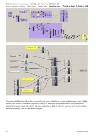 TU Delft _ Faculty of Architecture _ AR0025 _ XXL Workshop (2010-2011 Q3)
Team 5: Bristogianni Telesilla _ Calle Eduardo _ Sakkas Panos _ Shitole Harshad   The New Kuip: Enfolding 24/7




Application of GSA plugin (GeomGym) in grasshopper saved a lot of time in nodal and elemental inputs in GSA
for structural analysis. Parameterization of GSA inputs in the form of material properties, section properties,
sizes and constraint inputs left me only with load application in GSA. It helped in back and forth communication
with Rhino model in case of some minor changes.




36                                                                                                Structural Design
 