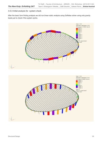 TU Delft _ Faculty of Architecture _ AR0025 _ XXL Workshop (2010-2011 Q3)
The New Kuip: Enfolding 24/7            Team 5: Bristogianni Telesilla _ Calle Eduardo _ Sakkas Panos _ Shitole Harshad


3.5.3 Initial analysis for system check

After the basic form finding analysis we did non linear static analysis using GsRelax solver using only gravity
loads just to check if the system works.




Structural Design                                                                                                  39
 