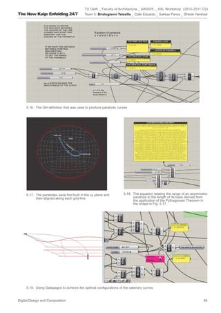 TU Delft _ Faculty of Architecture _ AR0025 _ XXL Workshop (2010-2011 Q3)
The New Kuip: Enfolding 24/7               Team 5: Bristogianni Telesilla _ Calle Eduardo _ Sakkas Panos _ Shitole Harshad




     5.16. The GH deﬁnition that was used to produce parabolic curves




     5.17. The parabolas were ﬁrst built in the xy plane and        5.18. The equation relating the range of an asymmetric
           then aligned along each grid-line                              parabola to the length of its base derives from
                                                                          the application of the Pythagorean Theorem in
                                                                          the shape in Fig. 5.17.




     5.19. Using Galapagos to achieve the optimal conﬁgurations of the catenary curves


Digital Design and Computation                                                                                         85
 