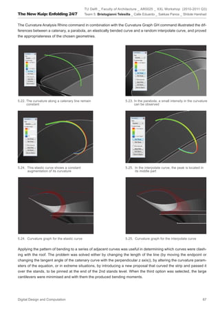 TU Delft _ Faculty of Architecture _ AR0025 _ XXL Workshop (2010-2011 Q3)
The New Kuip: Enfolding 24/7                  Team 5: Bristogianni Telesilla _ Calle Eduardo _ Sakkas Panos _ Shitole Harshad


The Curvature Analysis Rhino command in combination with the Curvature Graph GH command illustrated the dif-
ferences between a catenary, a parabola, an elastically bended curve and a random interpolate curve, and proved
the appropriateness of the chosen geometries.




5.22. The curvature along a catenary line remain                        5.23. In the parabola, a small intensity in the curvature
      constant                                                                can be observed




5.24. This elastic curve shows a constant                               5.25. In the interpolate curve, the peak is located in
      augmentation of its curvature                                           its middle part




5.24. Curvature graph for the elastic curve                             5.25. Curvature graph for the interpolate curve


Applying the pattern of bending to a series of adjacent curves was useful in determining which curves were clash-
ing with the roof. The problem was solved either by changing the length of the line (by moving the endpoint or
changing the tangent angle of the catenary curve with the perpendicular z axis)), by altering the curvature param-
eters of the equation, or in extreme situations, by introducing a new proposal that curved the strip and passed it
over the stands, to be pinned at the end of the 2nd stands level. When the third option was selected, the large
cantilevers were minimised and with them the produced bending moments.




Digital Design and Computation                                                                                               87
 