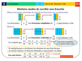 Tema:  5 Las fracciones 2 Números 2001 - Matemáticas 1º ESO Distintos modos de escribir una fracción IMAGEN FINAL Observa las partes coloreadas de azul de las fracciones que se representan : Observa : Fracción irreducible : no se puede reducir más. Si multiplicamos o dividimos los términos de una fracción por un mismo número, la fracción obtenida es equivalente a la dada. Las fracciones son  fracciones ampliadas  de y equivalentes a ella. Las fracciones son  fracciones reducidas  de y equivalentes a ella Es evidente que: Son equivalentes : irreducible 