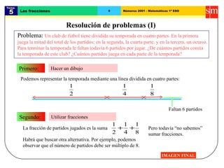 Tema:  5 Las fracciones 9 Números 2001 - Matemáticas 1º ESO Resolución de problemas (I) IMAGEN FINAL Hacer un dibujo Primero: Problema:  Un club de fútbol tiene dividida su temporada en cuatro partes. En la primera juega la mitad del total de los partidos; en la segunda, la cuarta parte, y en la tercera, un octavo. Para terminar la temporada le faltan todavía 6 partidos por jugar. ¿De cuántos partidos consta la temporada de este club? ¿Cuántos partidos juega en cada parte de la temporada? Utilizar fracciones Segundo: La fracción de partidos jugados es la suma Podemos representar la temporada mediante una línea dividida en cuatro partes: Faltan 6 partidos Pero todavía “no sabemos” sumar fracciones.  Habrá que buscar otra alternativa. Por ejemplo, podemos observar que el número de partidos debe ser múltiplo de 8. Si se sabe sumar fracciones puede seguirse esa idea 