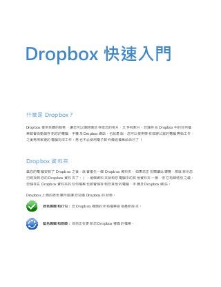 什麼是 Dropbox？
Dropbox 提供免費的服務，讓您可以隨時隨地存取您的相片、文件和影片。您儲存在 Dropbox 中的任何檔
案都會自動儲存到您的電腦、手機及 Dropbox 網站。也就是說，您可以使用學校或辦公室的電腦開始工作，
之後再用家裡的電腦完成工作。再也不必使用電子郵件傳送檔案給自己了！
Dropbox 資料夾
當您的電腦安裝了 Dropbox 之後，就會產生一個 Dropbox 資料夾。如果您正在閱讀此導覽，那就表示您
已經找到您的 Dropbox 資料夾了：）。這個資料夾就和您電腦中的其他資料夾一樣，但它有個特別之處。
您儲存在 Dropbox 資料夾的任何檔案也都會儲存到您其他的電腦、手機及 Dropbox 網站。
Dropbox 上面的綠色圖示能讓您知道 Dropbox 的狀態。
	 綠色圓圈和打勾：您 Dropbox 裡面的所有檔案皆為最新版本。
	 藍色圓圈和箭頭：目前正在更新您 Dropbox 裡面的檔案。
Dropbox 快速入門
 
