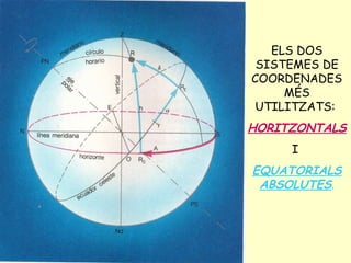 ELS DOS SISTEMES DE COORDENADES MÉS UTILITZATS:  HORITZONTALS   I  EQUATORIALS ABSOLUTES . 