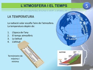L’ATMOSFERA I EL TEMPS
LA TEMPERATURA
La radiació solar escalfa l’aire de l’atmosfera.
La temperatura depèn de:
1.
2.
3.
4.

L’època de l’any
El temps atmosfèric
La latitud
L’altitud

Termòmetre de
màxima i
mínima

5

 