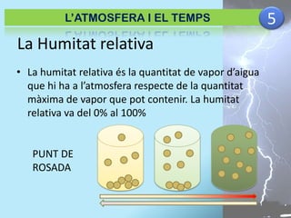 L’ATMOSFERA I EL TEMPS

La Humitat relativa
• La humitat relativa és la quantitat de vapor d’aigua
que hi ha a l’atmosfera respecte de la quantitat
màxima de vapor que pot contenir. La humitat
relativa va del 0% al 100%

PUNT DE
ROSADA

5

 