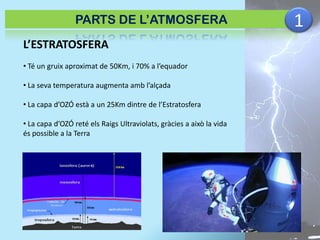PARTS DE L’ATMOSFERA
L’ESTRATOSFERA
• Té un gruix aproximat de 50Km, i 70% a l’equador
• La seva temperatura augmenta amb l’alçada
• La capa d’OZÓ està a un 25Km dintre de l’Estratosfera

• La capa d’OZÓ reté els Raigs Ultraviolats, gràcies a això la vida
és possible a la Terra

1

 