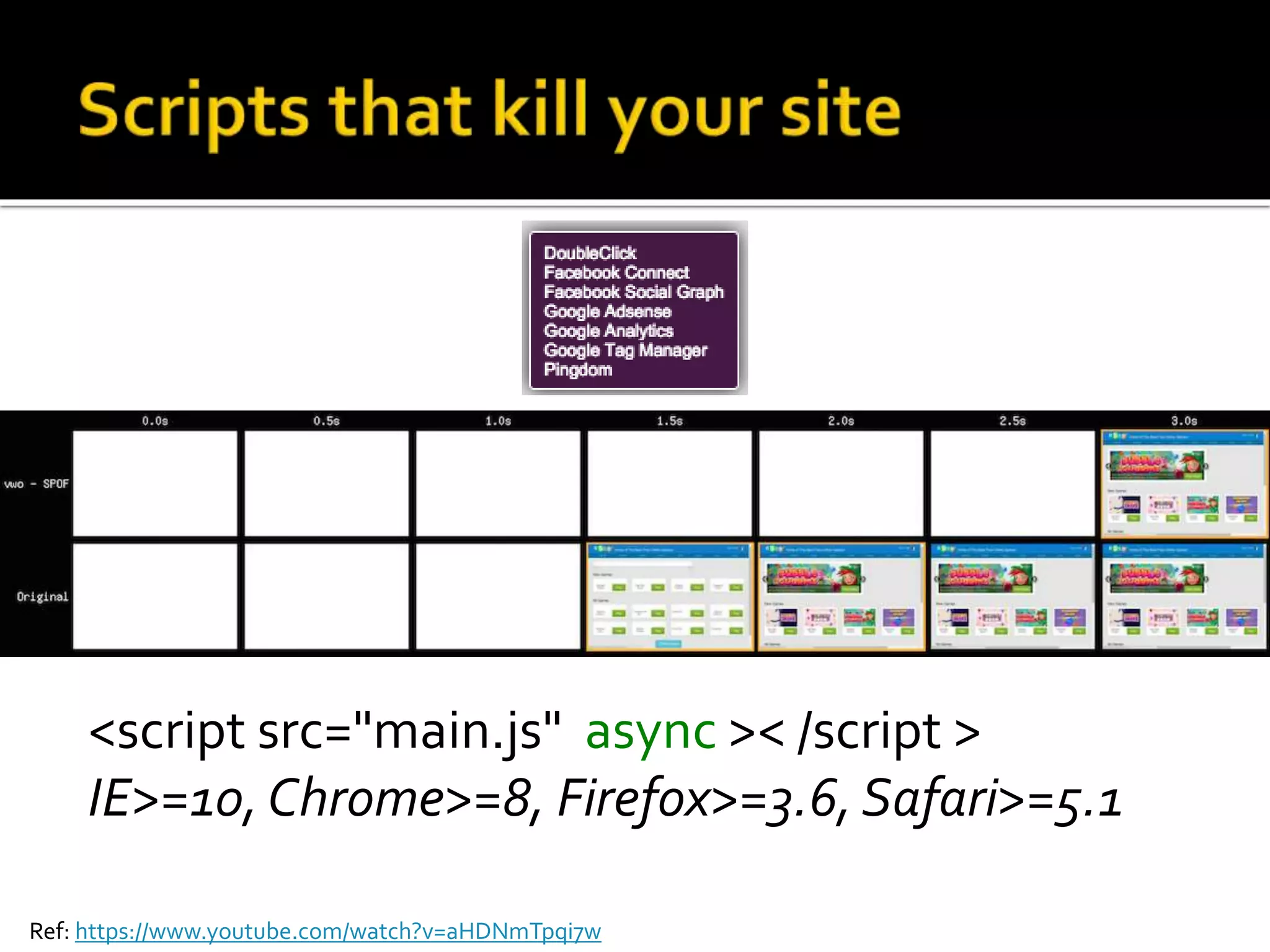 <script src="main.js" async >< /script > 
IE>=10, Chrome>=8, Firefox>=3.6, Safari>=5.1 
Ref: https://www.youtube.com/watch?v=aHDNmTpqi7w 
 